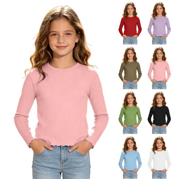 Faraee Toddler Girls Ribbed Long Sleeve Shirts 5t 6t 7t Stretchy Crew Neck Basic Tee Tops Kids Solid Color Soft Slim Fit Casual Blouse