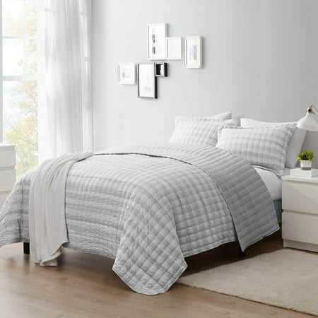 Sweet Home Collection 2 Piece Embroidered Checkered Quilt and Pillow Sham Set Twin Gray