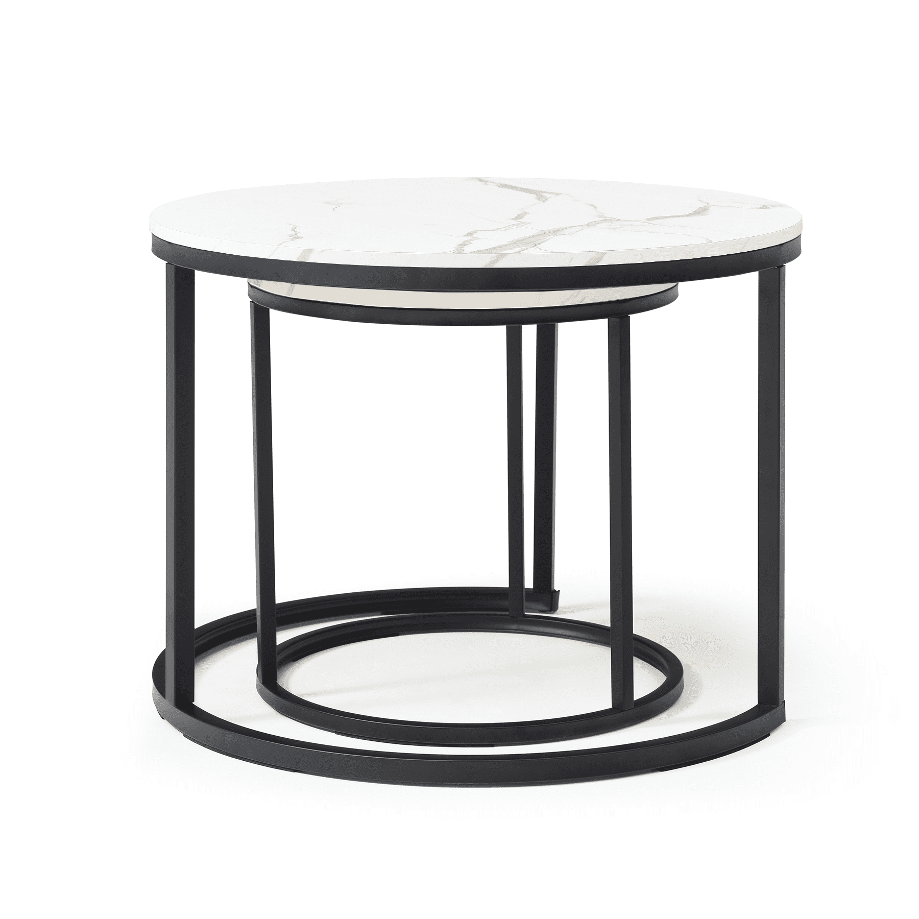 Set of 2 Nesting Round Coffee Tables, White & Marble Pattern Tabletop with Black Metal Frame, Modern Industrial Wooden Side Table, Accent Nightstand for Living Room Bedroom Apartment