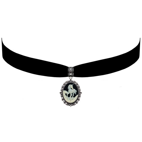 Gothic Steampunk Victorian Pendant Unicorn Cameo Jewelry on Black Velvet Choker