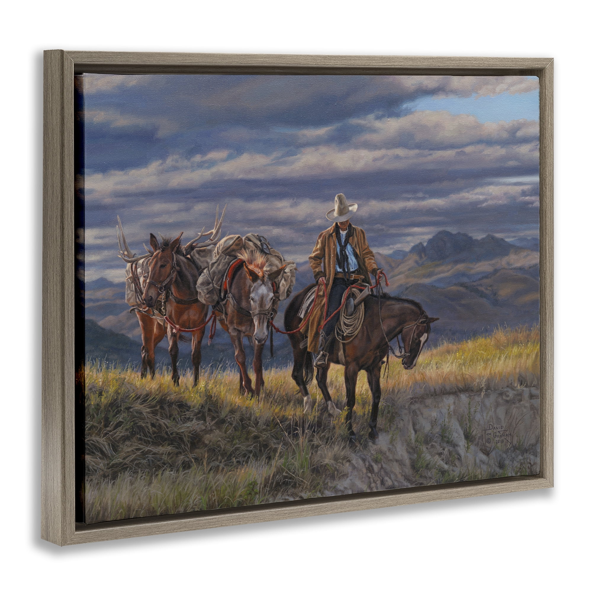 Stupell Industries Sauntering Cowboy & Horses Landscape Painting Brown Floater Framed Canvas Art Print Wall Art, 21 x 17