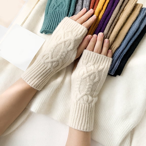 Dyfzdhu Women Cute Fall Winter Solid Color Knitted Half Knitted Woolen Gloves