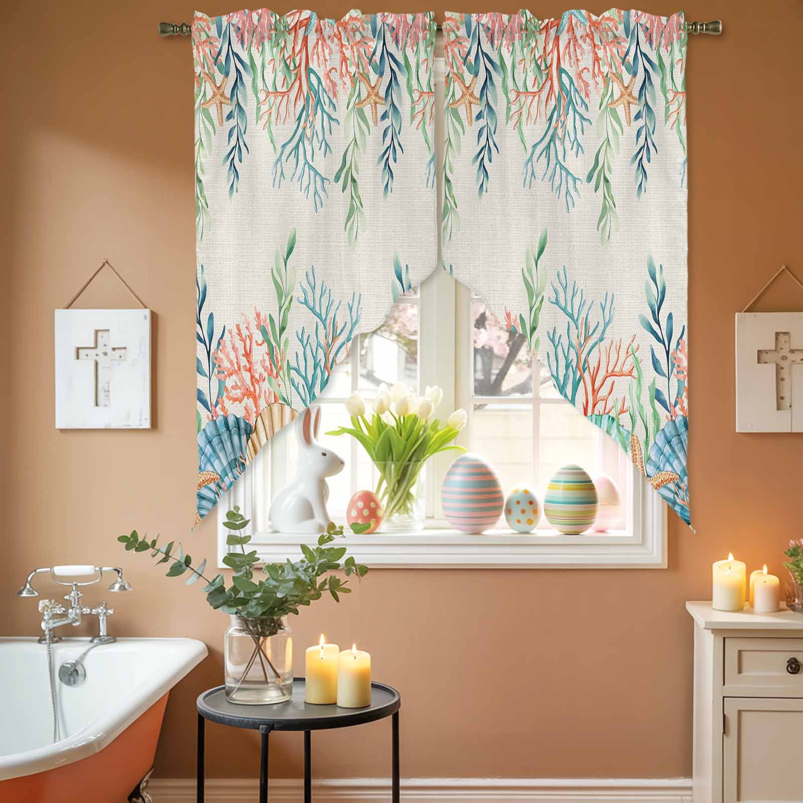Summer Beach Swag Kitchen Curtain Valances, Ocean Colorful Coral Shell Seaweed Starfish Linen Rod Pocket Curtains Window Treatment Decor Valances for Bedroom Bathroom, 2 Panels 36 x 45 Inch