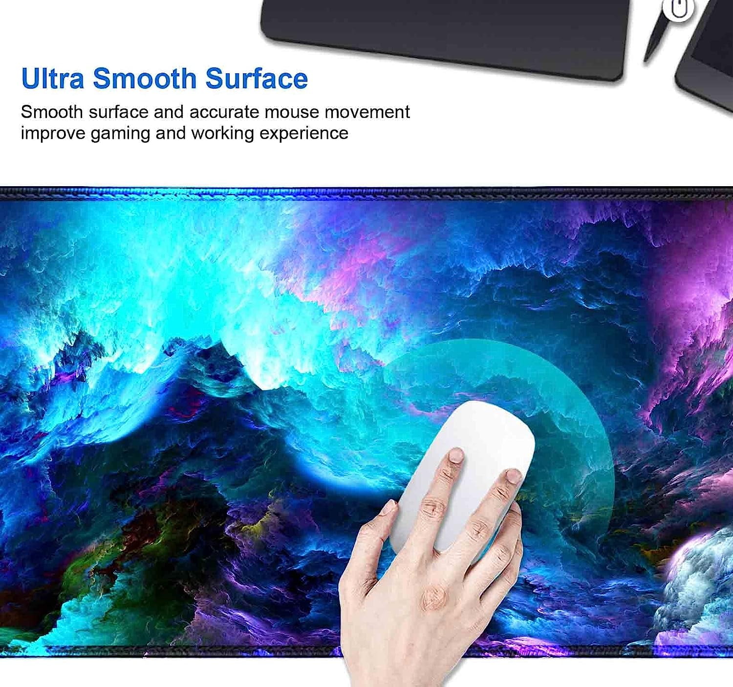 Blue Purple Gaming Mouse Pad (35.4x15.7 in), Large Mouse Pads for Desk, Non-Slip Rubber Base XXL Mousepad, Keyboard Mouse Mat, Desk Mat with Stitched Edges, Abstract Glowing Galaxy