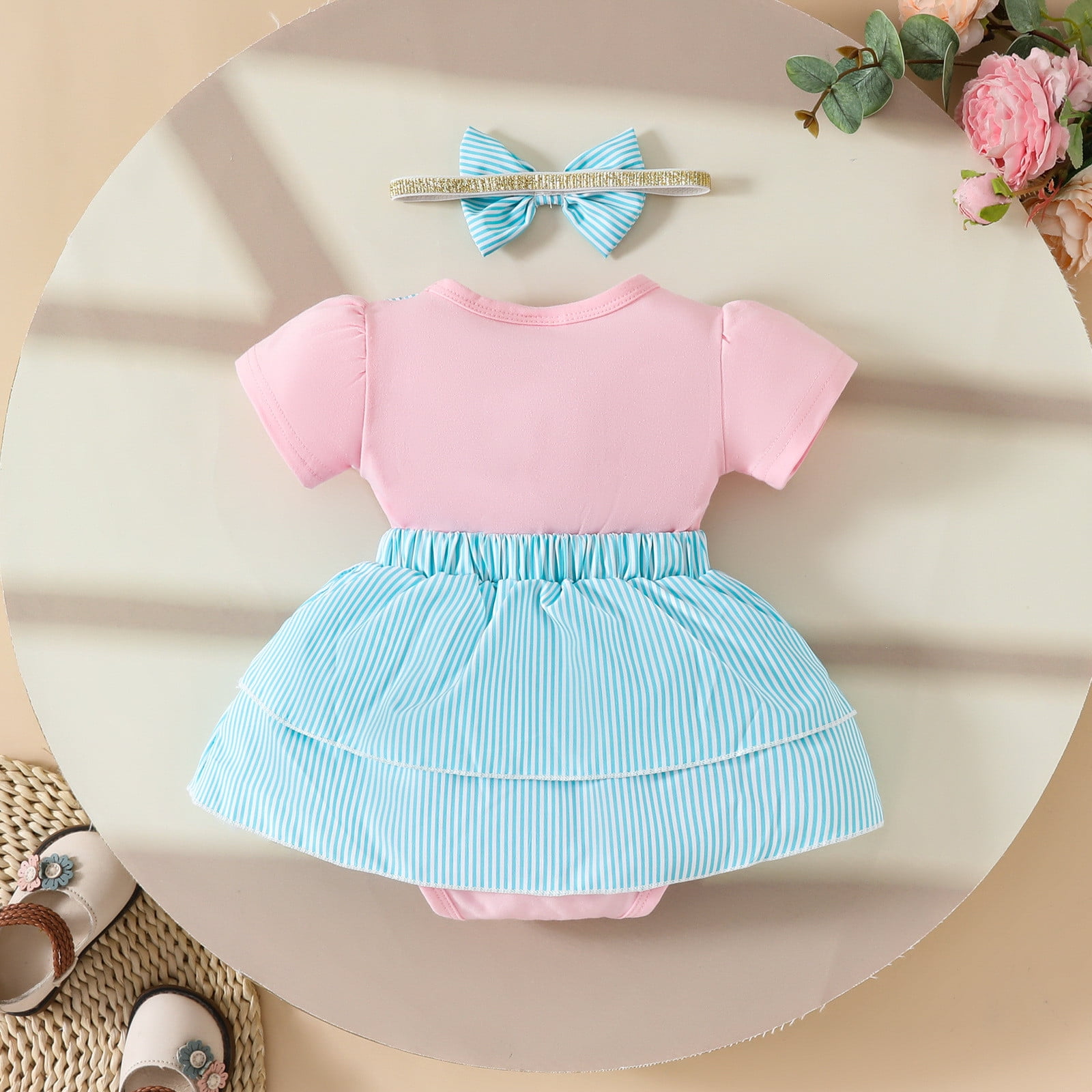 Girls Jumpsuit Girls Short Sleeve Cartoon Prints Romper Bodysuits Dress Headbands Outfits Baby Romper Red 12 Months-18 Months