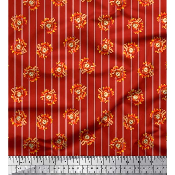 Soimoi Red Velvet Fabric Stripe,Fire Ring & Lion Cartoon Printed Craft Fabric by The Yard 58 Inch Wide