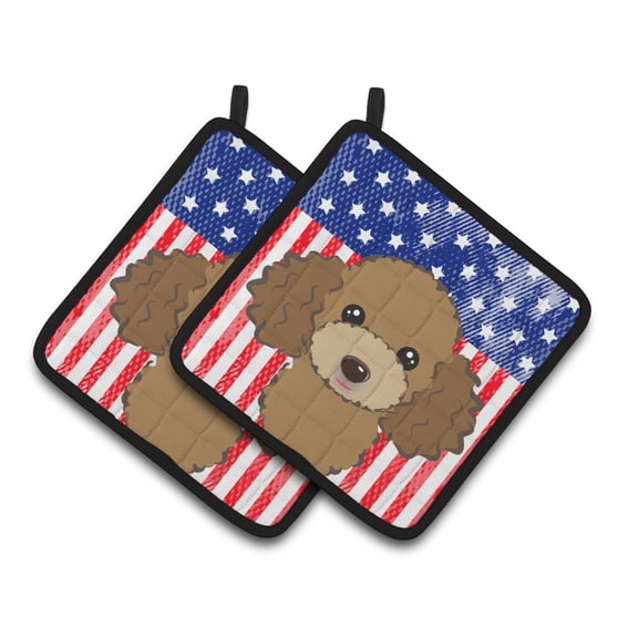Carolines Treasures BB2186PTHD Flag and Chocolate Brown Poodle Pair of Pot Holders , 7.5HX7.5W, multicolor