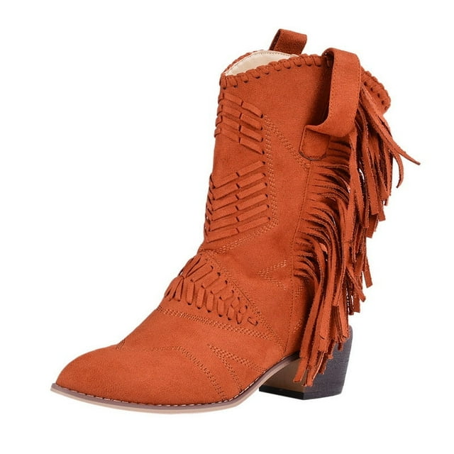 Bottes de Moto Gladiateur Style Bohème pour Femmes à Talon Bas Mi-Mollet, Bottes de Cowboy à Franges, Chaussures Printemps Automne, Bottes à Franges pour Femmes