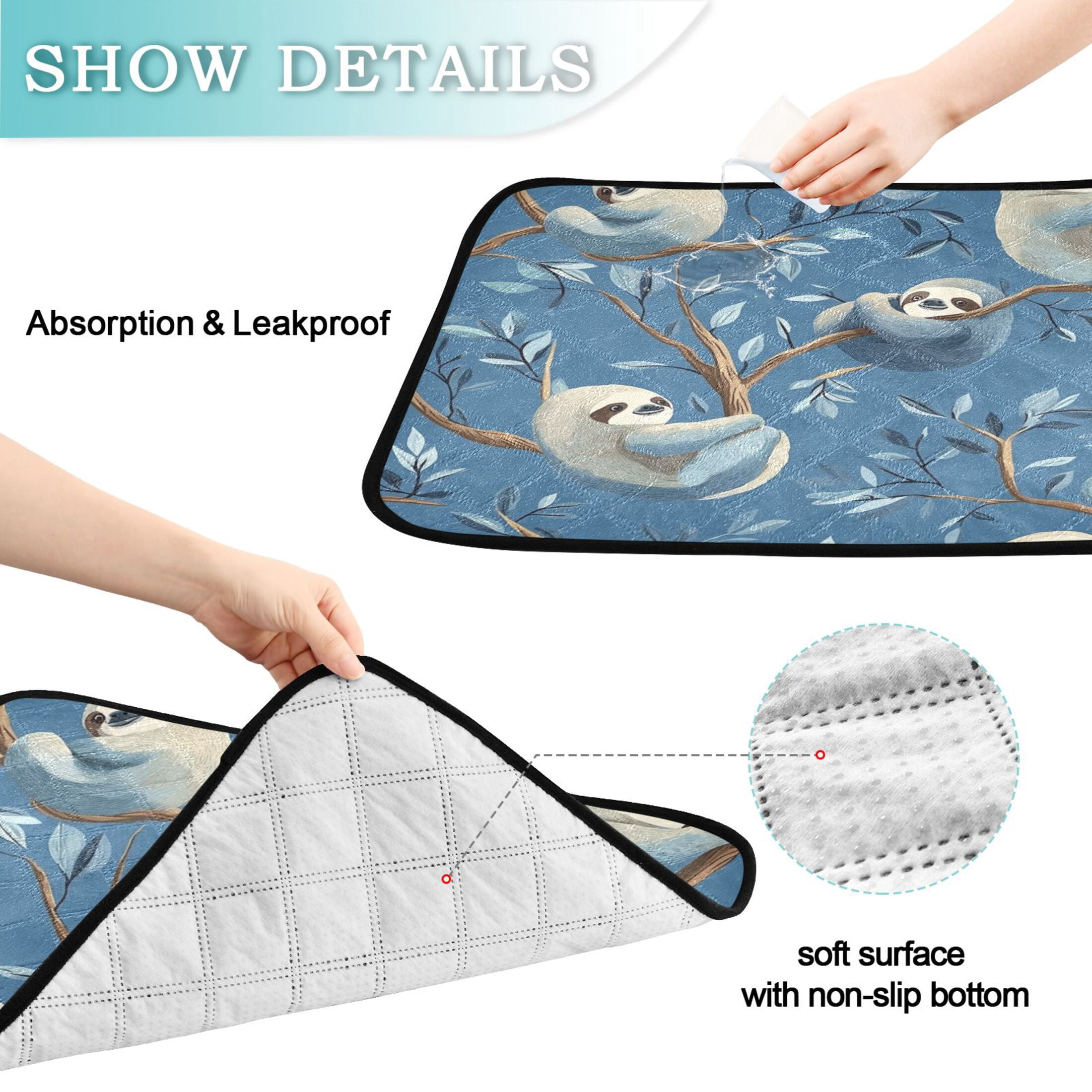 Qxltty Illustration Of Cute Sloth Lying on The Tree Cat litter Pads Pet Set of 3 Diaper Mats Center Anti-leakage Layer Absorbent Soft and Comfortable
