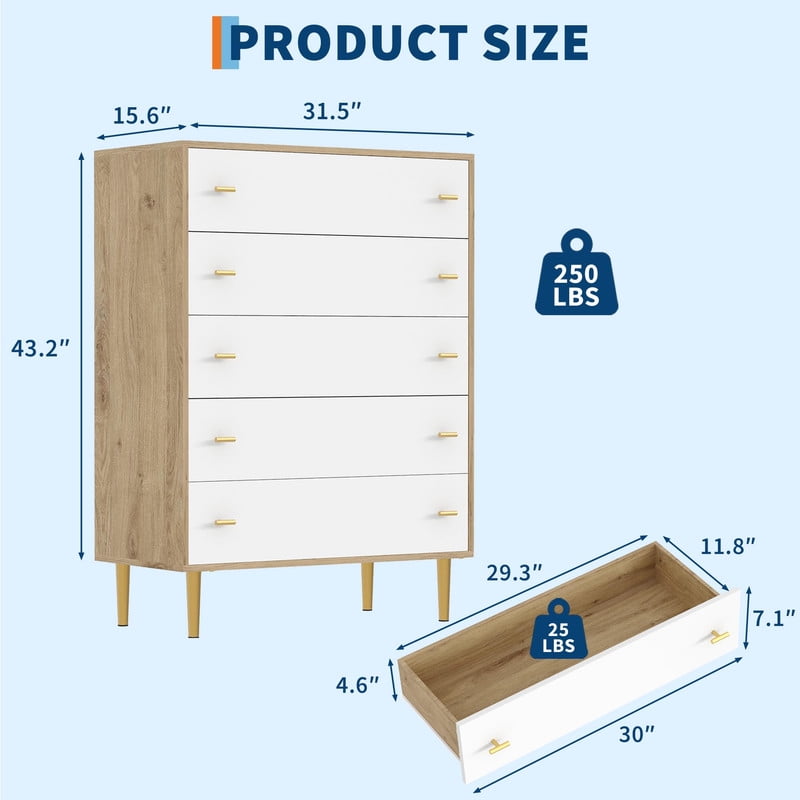TROPOW 5 Drawers Dresser for Bedroom, 31.5" Wide Wood Rustic Chest of Drawers with Bar Handles, Vintage Design, Storage Dressers Organizer for Bedroom, Living Room, Hallway