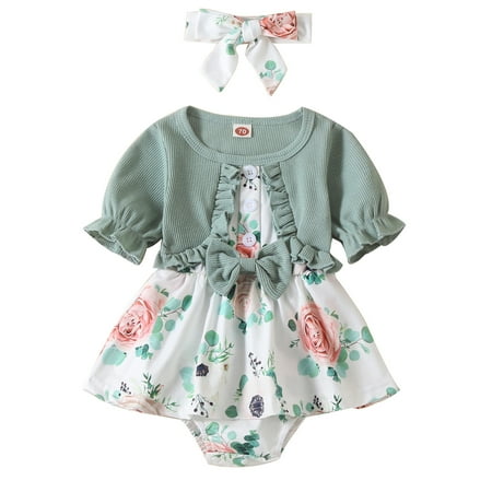 

Viworld Newborn Baby Girl Bodysuits Short Sleeve Round Neck Button Ribbed Romper Onsie Floral Dresses + Bow Headband Outfits Set Green 0-3 Months