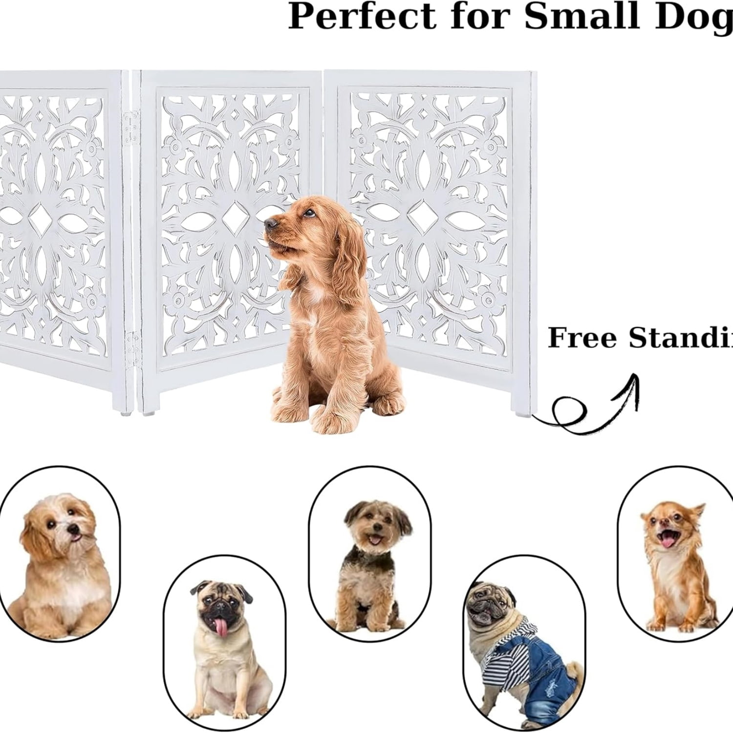 Lightnpro Foldable Carved Wooden Dog Gate - Freestanding Indoor Pet Safety Barrier, Adjustable Decorative Dog Fence for Stairs, Doorways & Hallways - 24x18 Inch Antique White