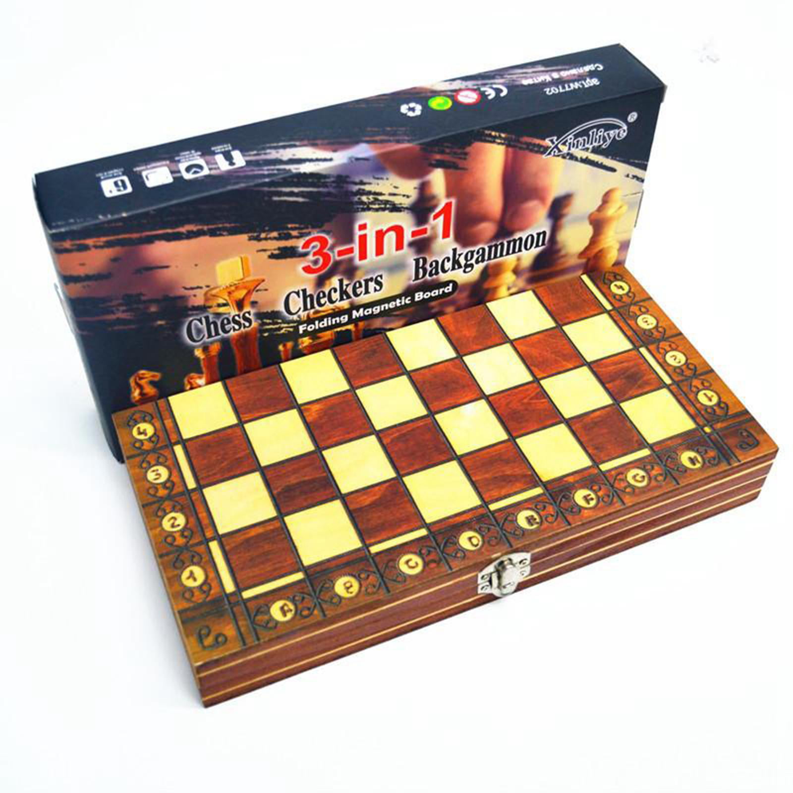 17x17inch Folding Wooden Chess Set Board Game Checkers Backgammon Toy for Travel 