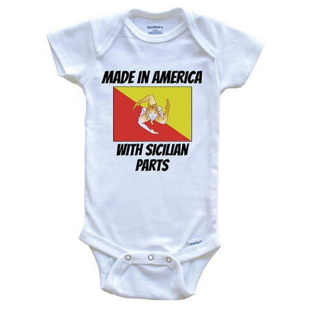 

Made In America With Sicilian Parts Sicily Flag Funny Baby Bodysuit - Cute One Piece Baby Bodysuit 3-6 Months White