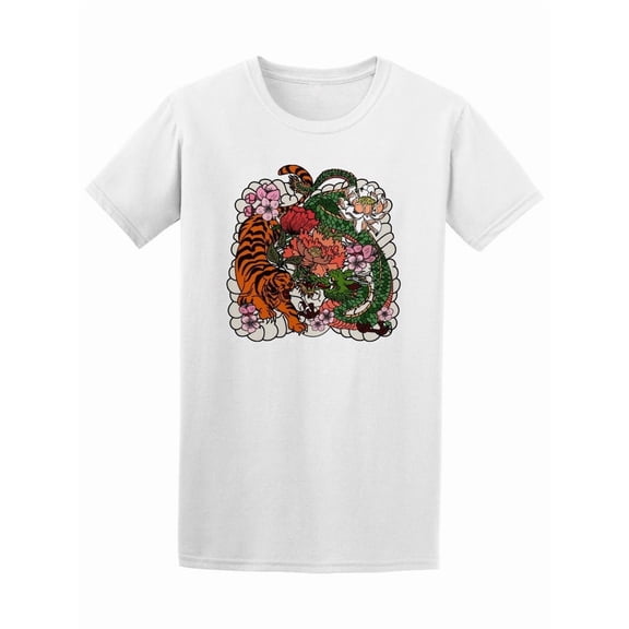 Tiger And Dragon Fighting Tattoo T-Shirt Men -Image by Shutterstock, Male Medium