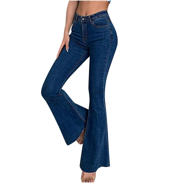 Women Flare Jeans High Waist Skinny Bell Bottom Raw Hem Denim