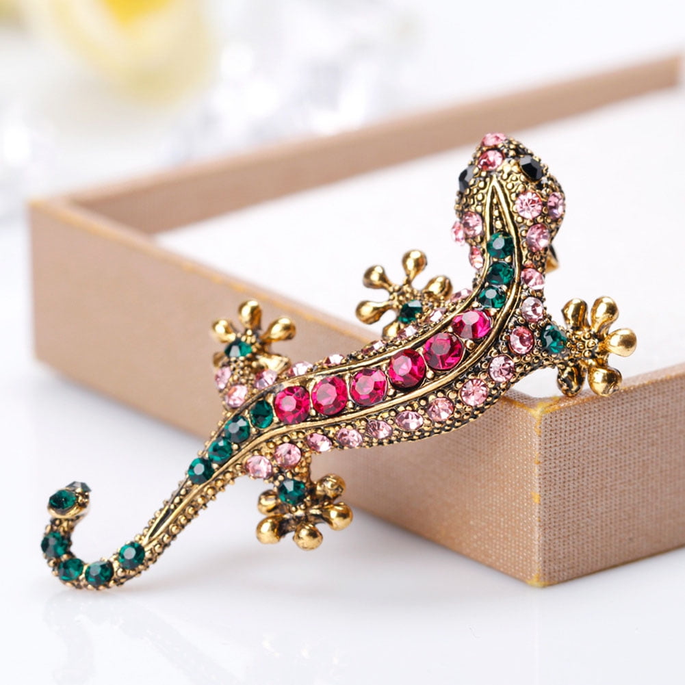 Women Vintage Gold Plated Crystal Rhinesone Gecko Brooch Pin Jewelry Party Gift 