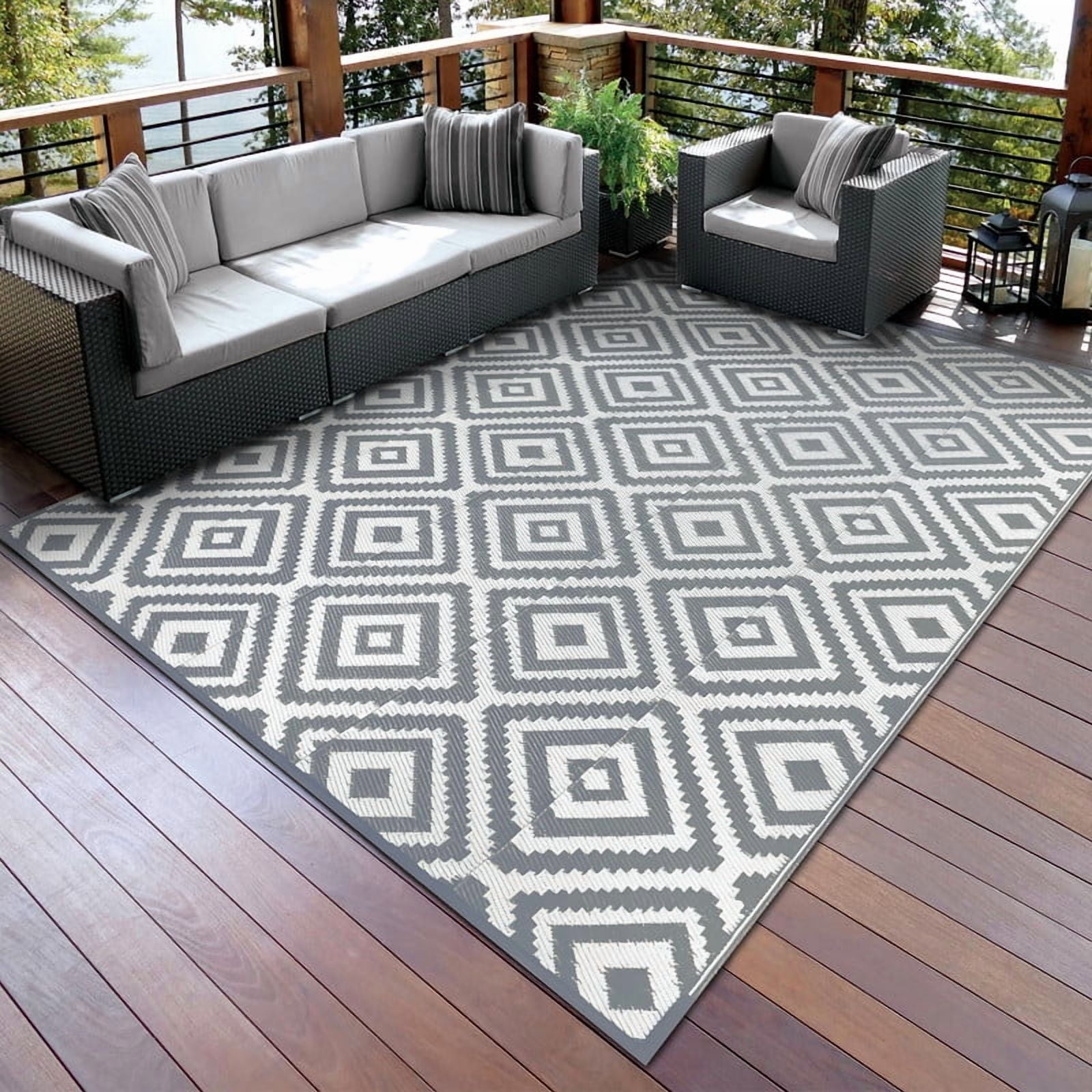 Aonewoe Outdoor Rug 8x10 Waterproof Reversible Camping Rug Patio Rug Plastic Straw Rug Outside Indoor Outdoor Area Rug for Patio Deck Balcony Picnic Beach, Gray & White
