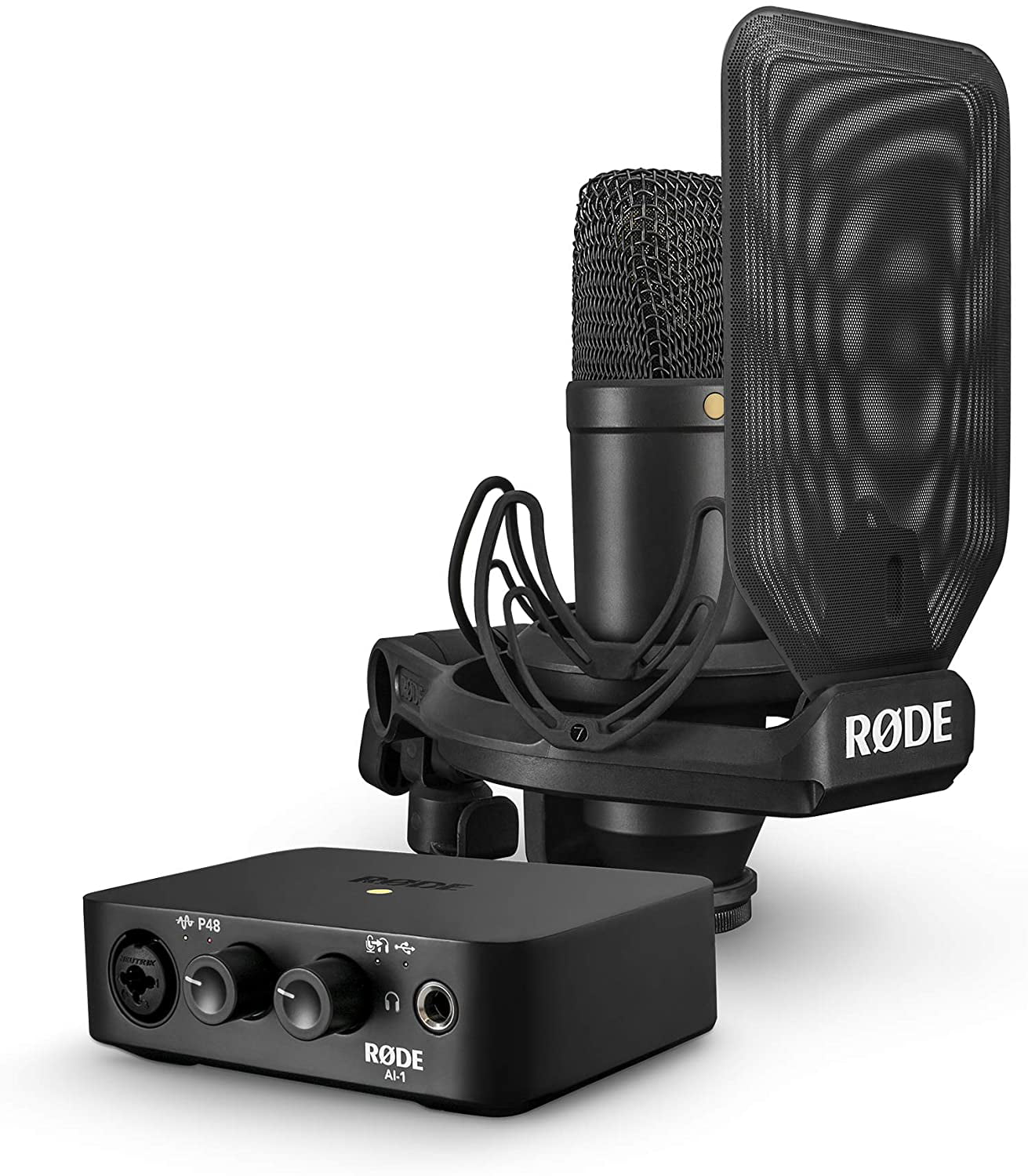 Rode Complete Studio Kit with AI-1 Audio Interface, NT1 Microphone, SMR  Shockmount, Cables + Boom Stand + Headphones + Cleaning Kit