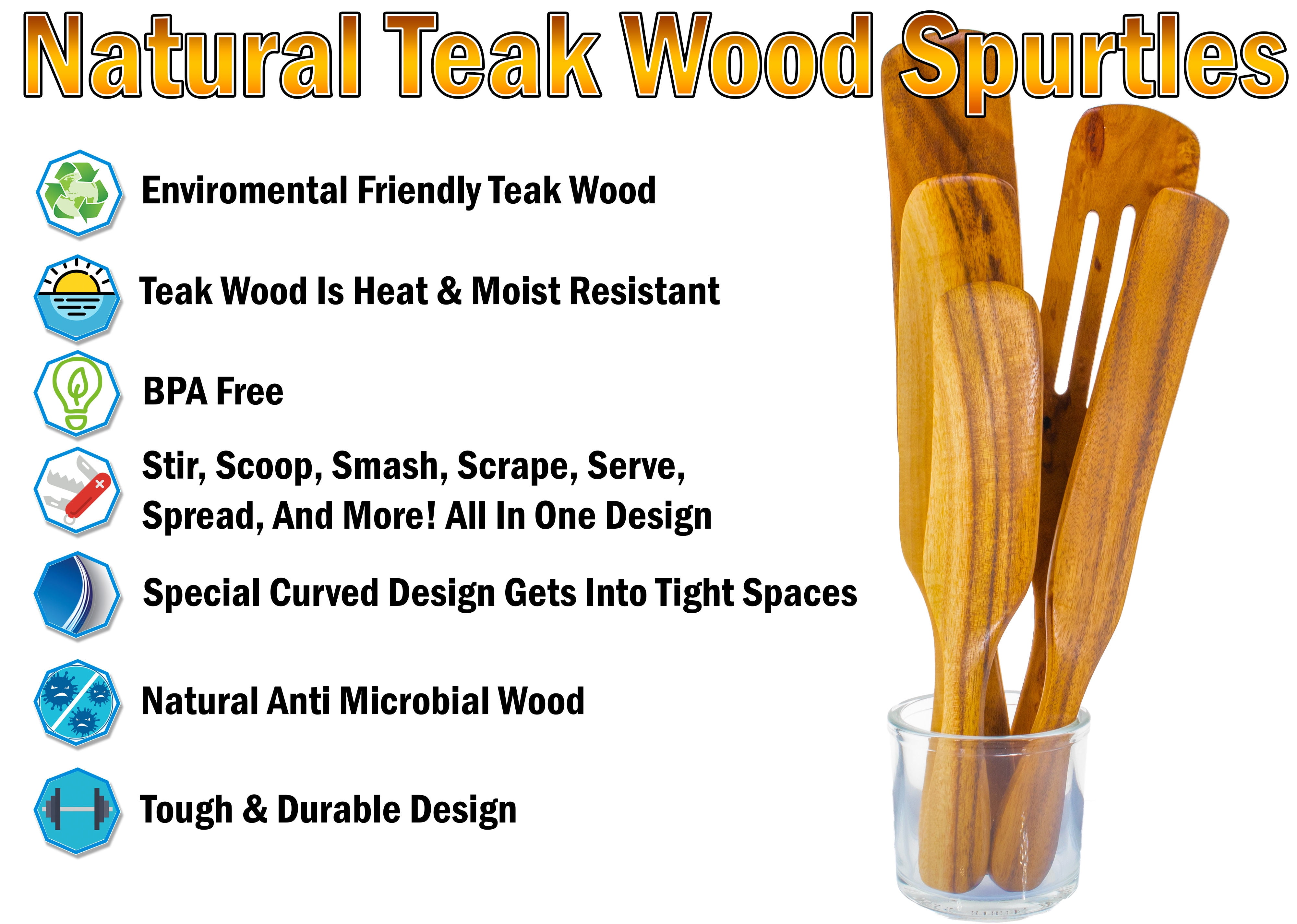 Spurtle Spatula Spoon Kitchen Cooking Utensil - Premium Wood 10pc Set - Natural Teak Wood Machine Washable - Non Stick Wooden Cookware Spatula Spoon