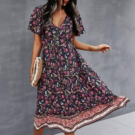 

Moxiu Fall Dresses for Women 2022 Short Sleeve Print V Neck Dress Flower Plus Size Dresses Dresses for Women 2022 Wedding Guest