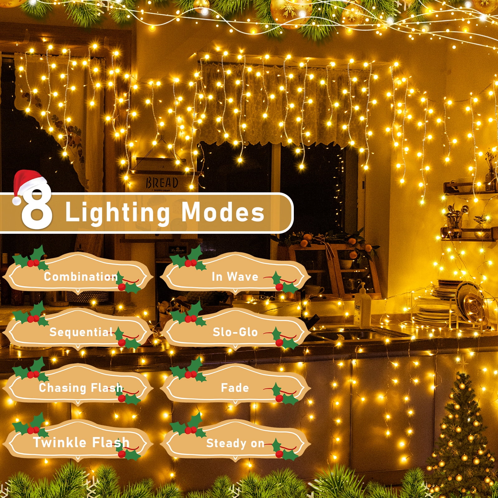 Warm White Decorative Lights , 45ft 594 LED Icicle Lights for Outside House with Connectable Clear Wire 8 Modes Timer, Plug in Waterproof for Eaves Yard Party Indoor Holiday Decoration