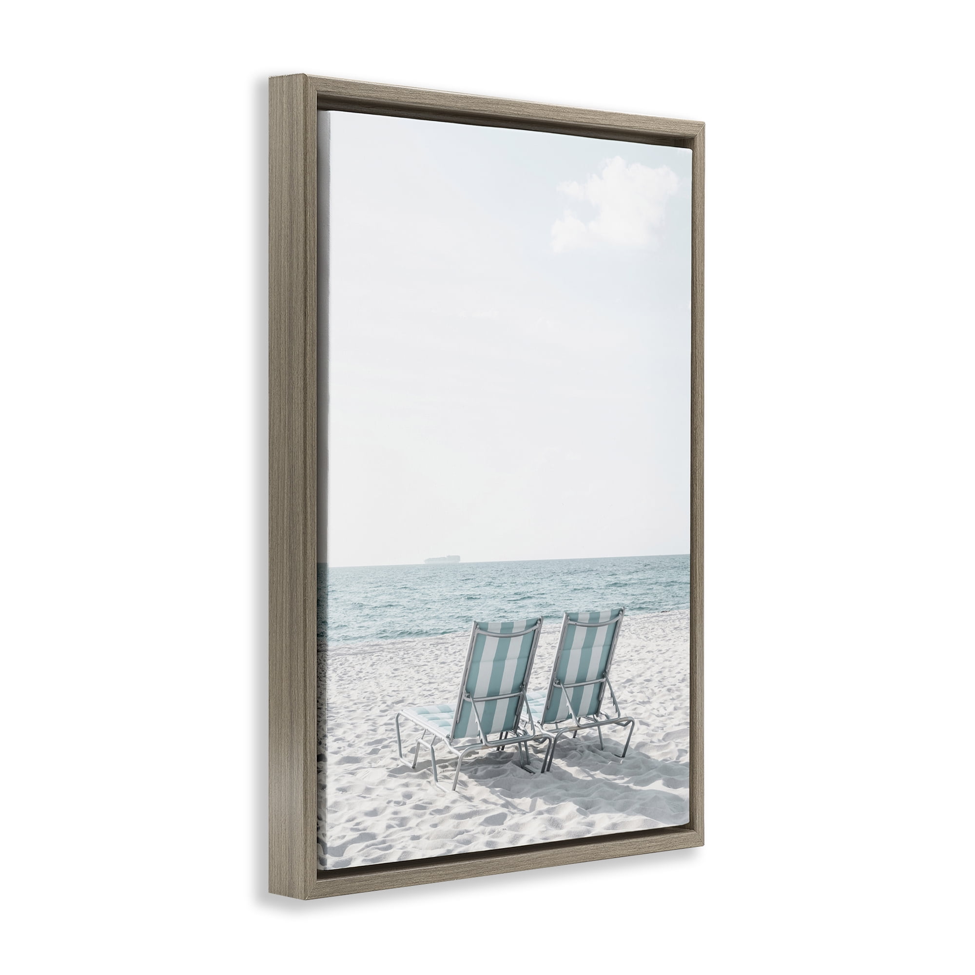 Stupell Industries Soothing Blue Beach Chairs Nautical & Beach Photography Brown Floater Framed Canvas Art Print Wall Art, 17 x 25
