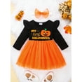 thumbnail image 2 of Wassery 2 Pcs Baby Girl Halloween Dress Outfits Long Sleeve Letter Printed Mesh Patchwork Ruffles Decor Dress + Bow-Knot Headband Set for 0-24M Newborn Kids, 2 of 9