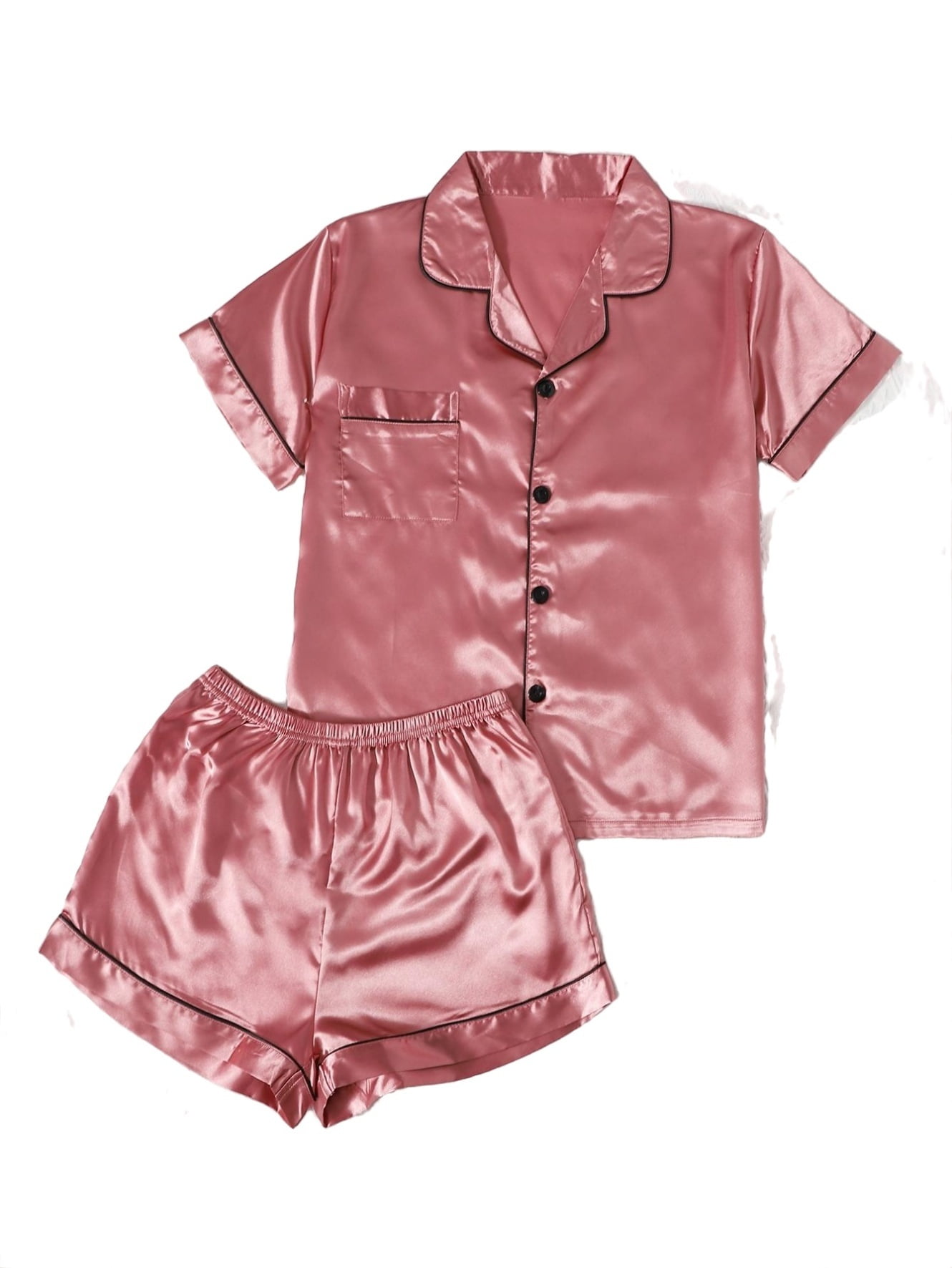 Women's Satin Pajama Short Sleeve Silk Button Top With Shorts 2 Pcs Pj ...