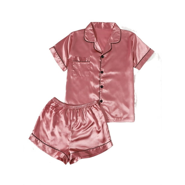 Women's Satin Pajama Short Sleeve Silk Button Top With Shorts 2 Pcs Pj