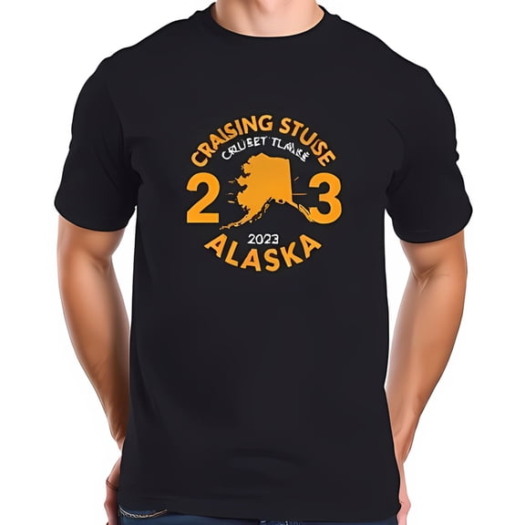 2023 Alaska T-Shirt - Black Cotton Short Sleeve Tee with Vibrant Orange " CRUISING STUSE " Graphic Design