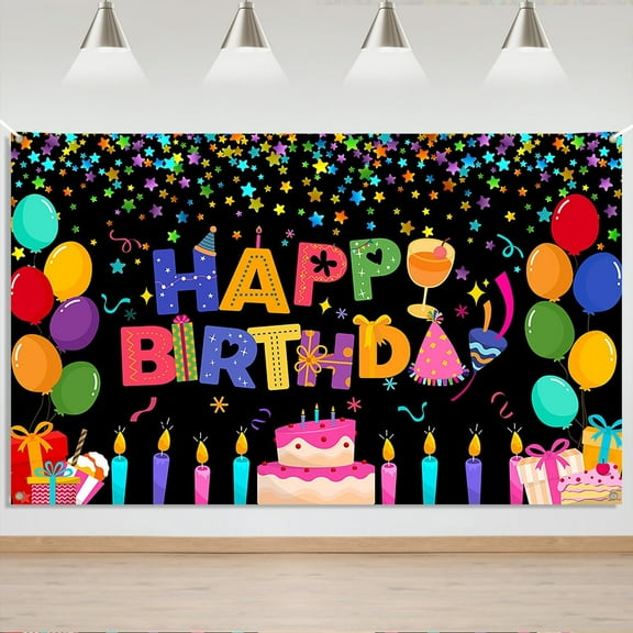 7x5FT Colorful Black Happy Birthday Pretty Backdrop Banner Happy Birthday Party Decorations Large Yard Sign for Kid Birthday Party Indoor Outdoor Decoration Supplies
