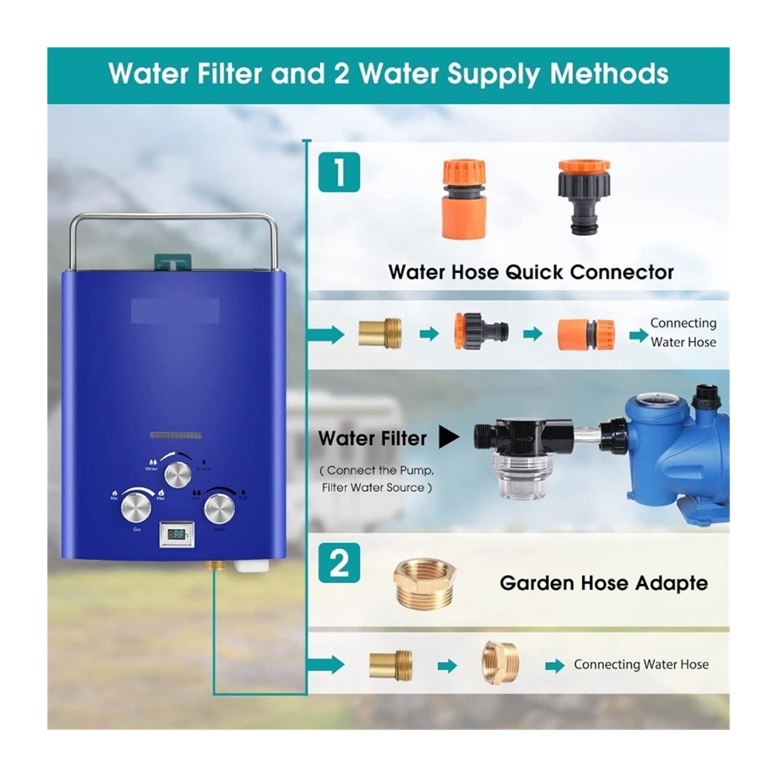 Water Heater -1.6GPM 6L Portable Gas Water Heater, Easy To Install, Propane Tankless Water Heater, Instant Hot Water For Shower ,Compact Design