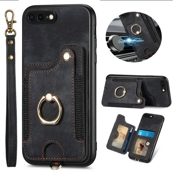 ELEHOLD Wallet Case for iPhone 8 / iPhone 7 / iPhone SE 2022 2020 with RFID Blocking Card Holder Wristlet Strap, Magnetic Button Flip Folio Kickstand Shockproof Phone Cover for Women Men,Black