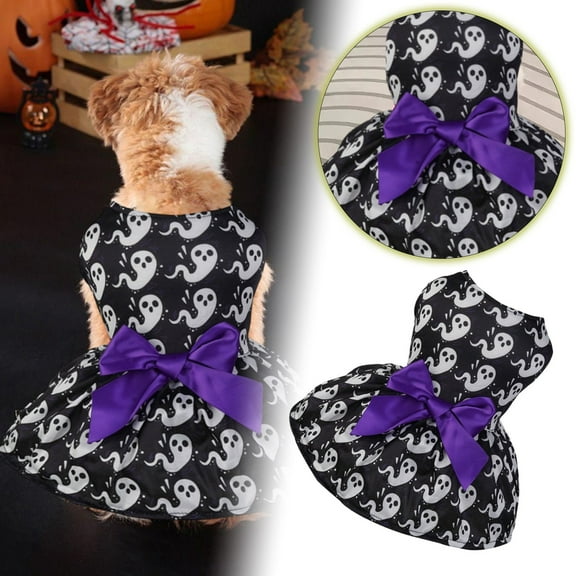 Halloween Pet Apparel Ghost Dog Dress With Bow Funny Pet Halloween Doggy Clothes For Small Dogs & Cats Pet Outfit(Black&Purple-S)