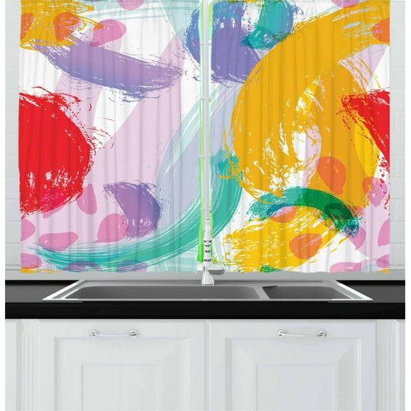 Abstract Curtains 2 Panels Set, Watercolor Style Brush Strokes Pattern Curved Stripes Hand Drawn Illustration, Window Drapes for Living Room Bedroom, 55W X 39L Inches, Multicolor, by Ambesonne
