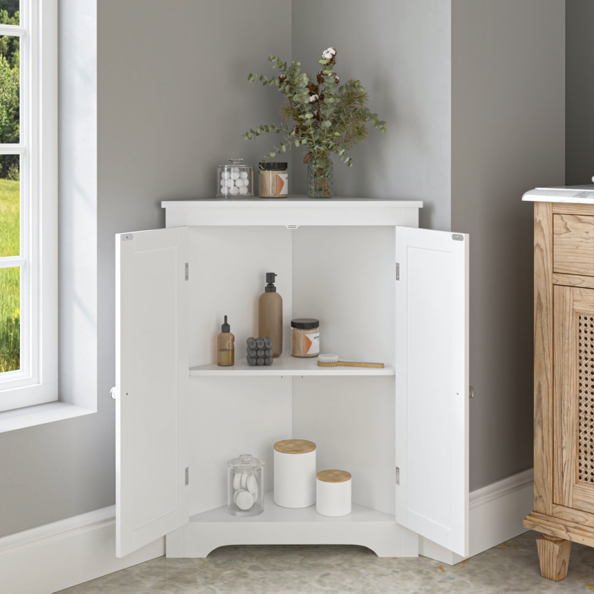 Jopath Floor Corner Cabinet with 2 Shelves,Corner Storage Cabinet Shelving Storage with Adjustable Shelves for Kitchen Living Room Bathroom, White