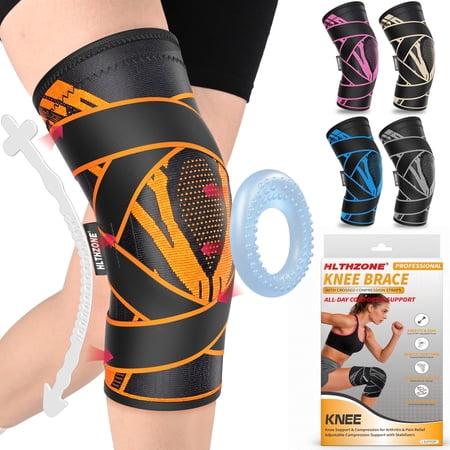 HLTHZONE Comfort Compression Knee Sleeve with Stabilizers – Knee Brace for Meniscus Tear, ACL & Arthritis Pain Relief – Fits up to 18.1″ / 46cm （ Black/Orange）