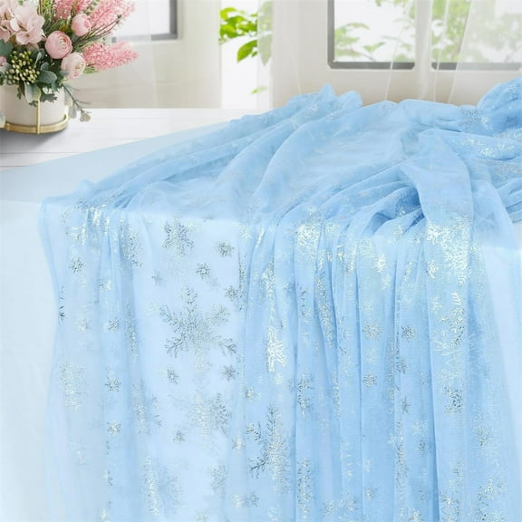Topboutique 9.8 Ft Blue Sheer Fabric Tablecloth Snowflake Silver Foil Organza Fabric Glitter Gauze Table Runner Soft Tulle Table Cover for DIY Wedding Birthday Party Home Table Decor