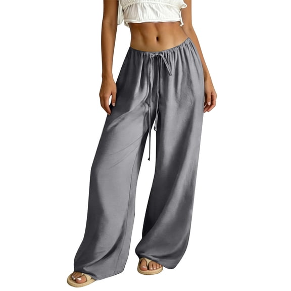 Minjewel Women's Loose Wide Leg Cotton Linen Pants with Drawstring, No Pocket Casual Trousers for Summer, Beach, and Daily Wear, Lightweight Breathable,Light Gray,XL
