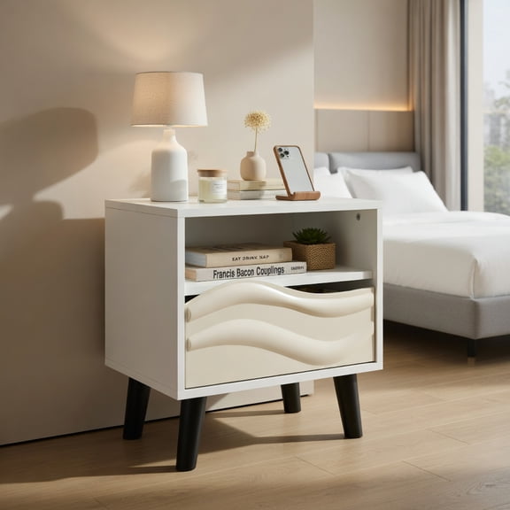 Demi Bonn Mid-Century Modern Nightstand, 3D Wavy Pattern & Open Shelf, Tapered Legs, White