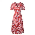 thumbnail image 2 of Abcnature Summer Dresses for Women 2022, Women's Beach Casual Dresses, Fashion Causual V-Neck Chiffon Floral Boho Beach Short Sleeve Dress, Plus Size Holiday Dresses Mini Sundresses Red M, 2 of 2