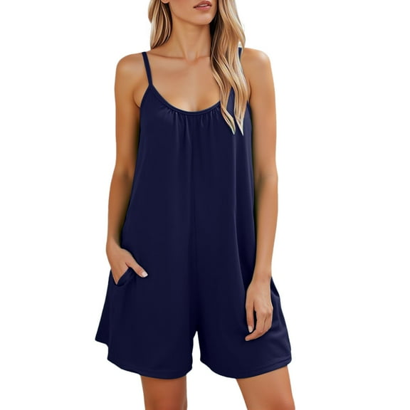 Women's Sleeveless O Neck Romper - Spaghetti Strap, Side Pockets, Polyester/Spandex, Loose Fit, Great with Jacket/Sneakers, Ideal for Summer/Casual/Beach, Multiple Sizes