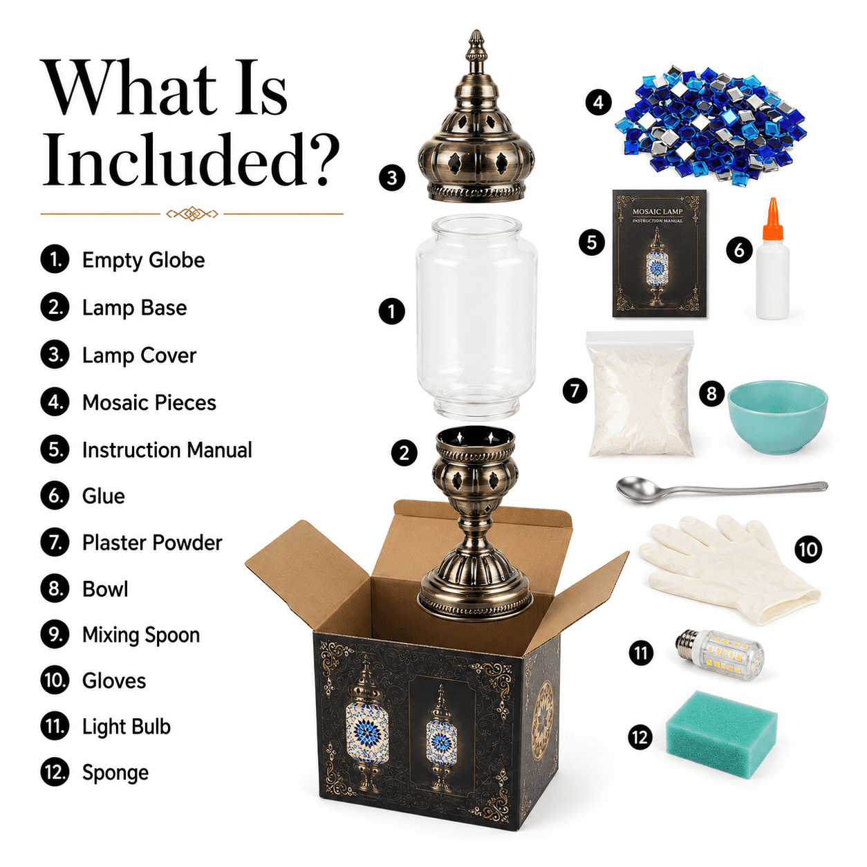 MEHOOM DIY Mosaic Lamp Kit, Turkish Crafts Kit for Adults, Luxury Moroccan-style Decor, Table Lamp for Bedroom Ambiance, Perfect Gift for Her or Him (Serenity Blue)