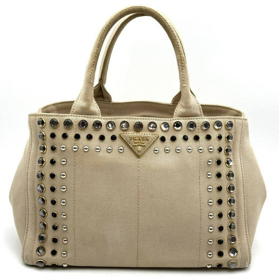 Pre-Owned PRADA Prada Canapa Beaded Tote Bag, Handbag, Studded Canvas, Beige, Ivory,... (Good)