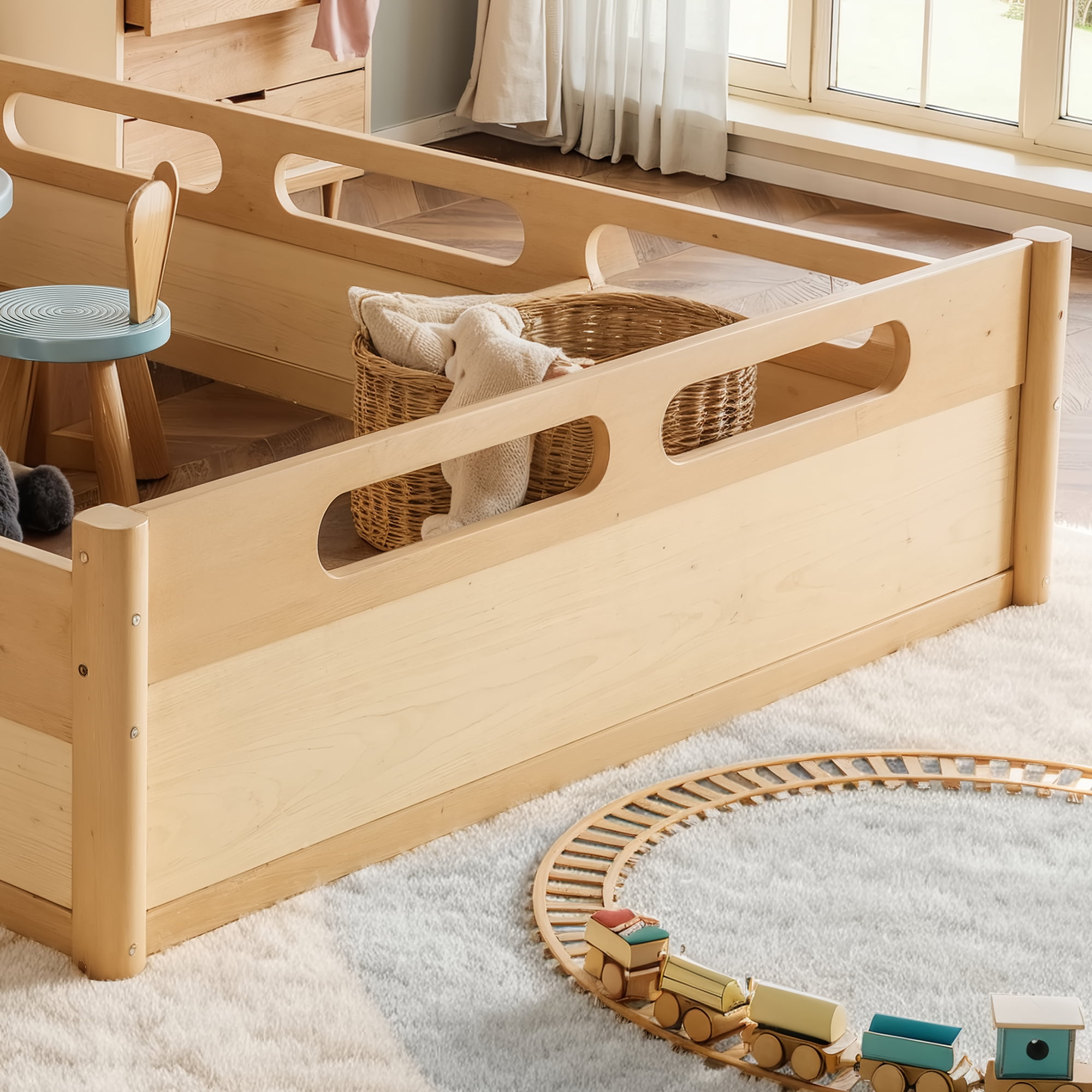 Leumius Queen Size Floor Bed with Full-length Guardrails,Low Profile Montessori Bed Frame,Easy Assembly, No Box Spring Needed,Natural