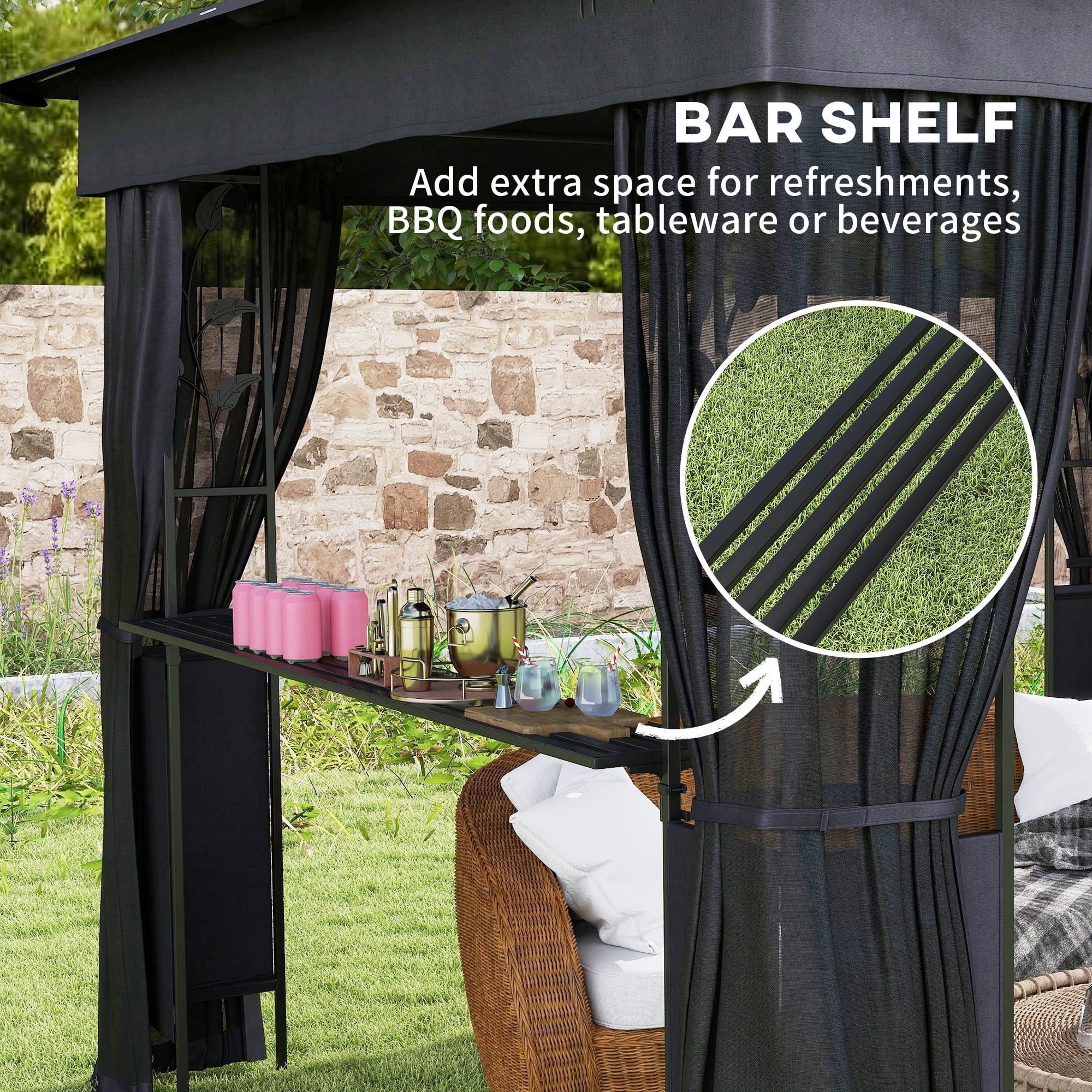 Outsunny 10' x 10' Outdoor Gazebo with Shelves and Netting, Double Roof Patio Gazebo Canopy Shelter, UV30+ Protected