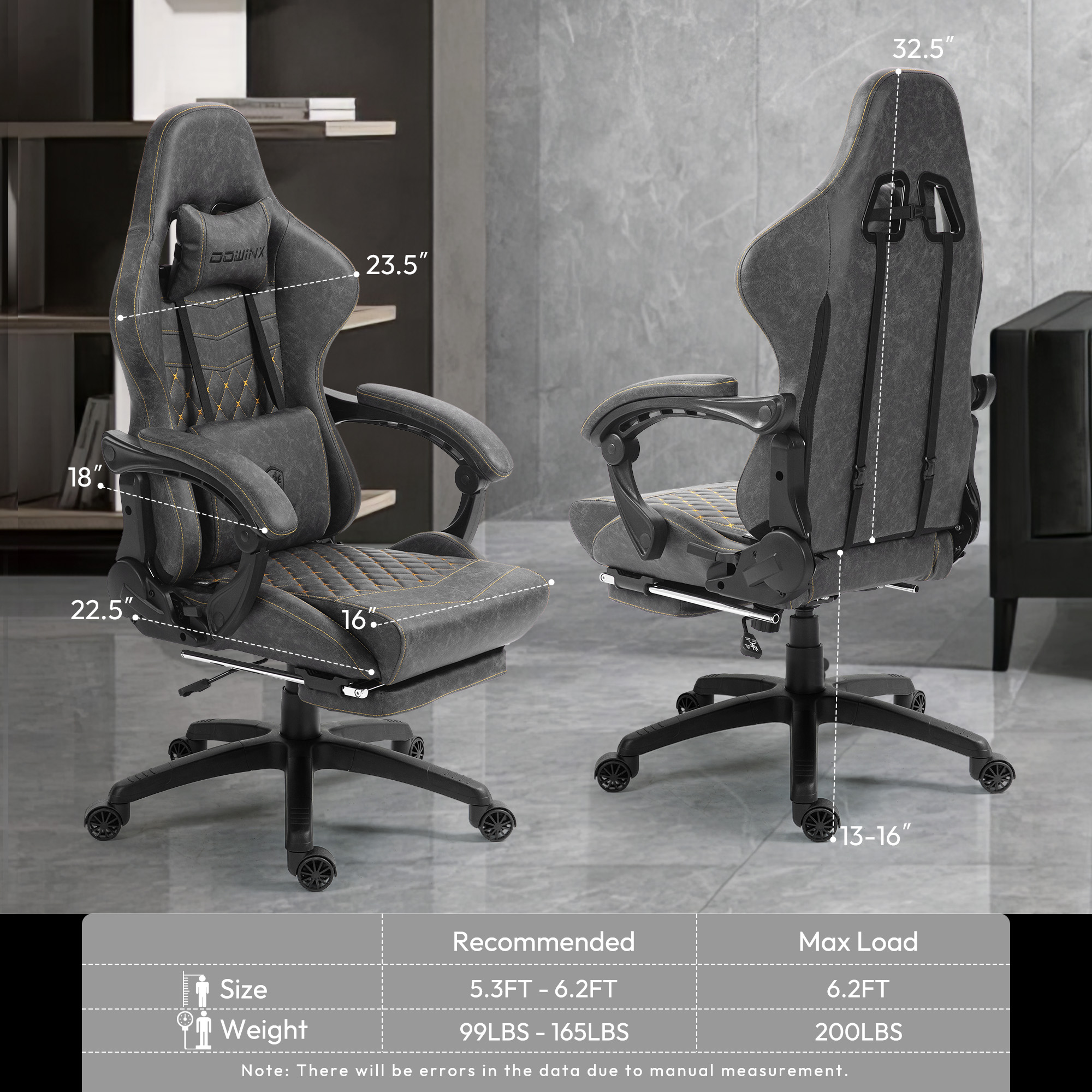 GOOSEA Big and Tall Gaming Chair with Footrest, Ergonomic High Back Office Computer Chair, Adjustable Massage Lumbar Support, PU Leather for Adults, 350Lbs, Grey