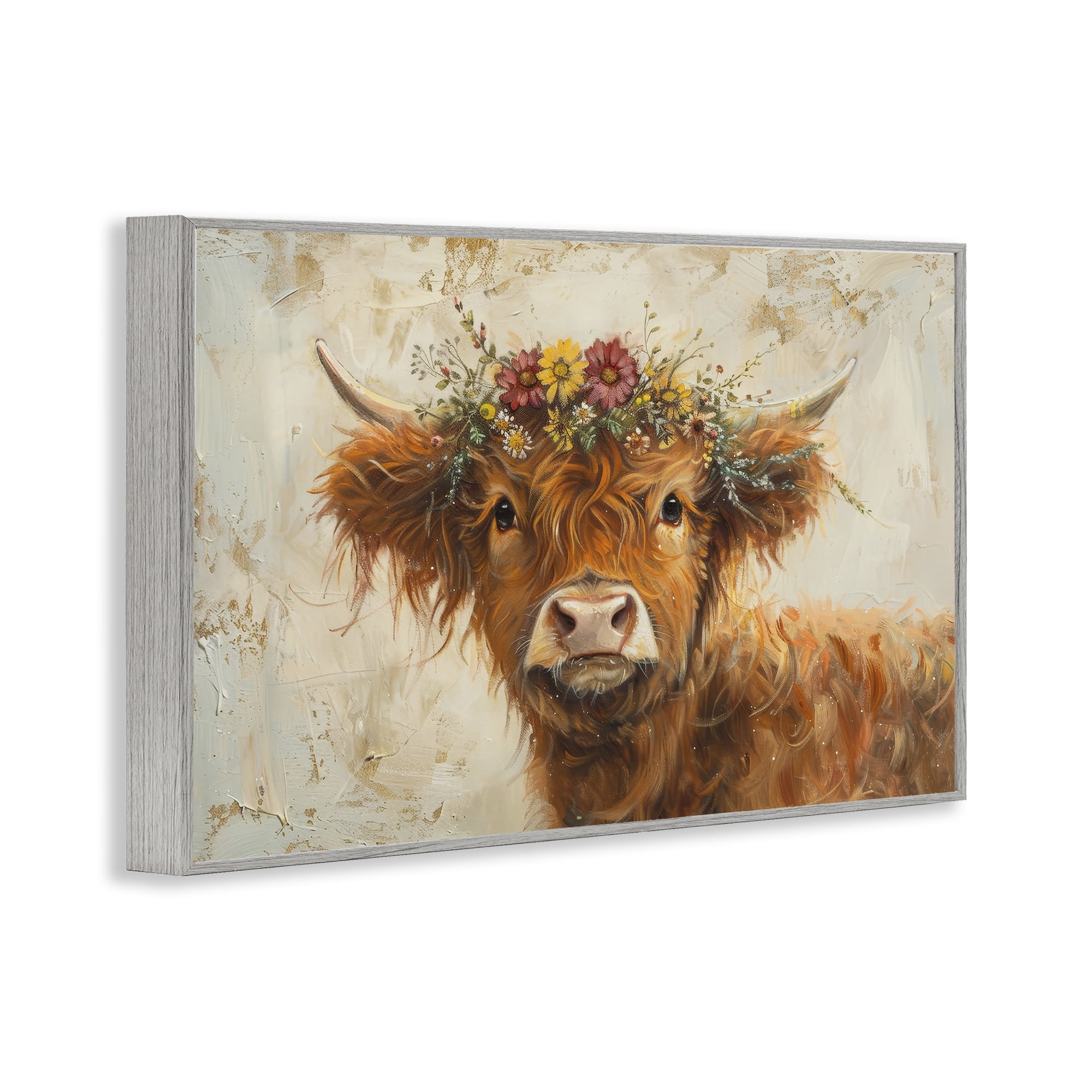 Stupell Industries Floral Crown Highland Animals & Insects Painting Gray Framed Art Print Wall Art, 24 x 16
