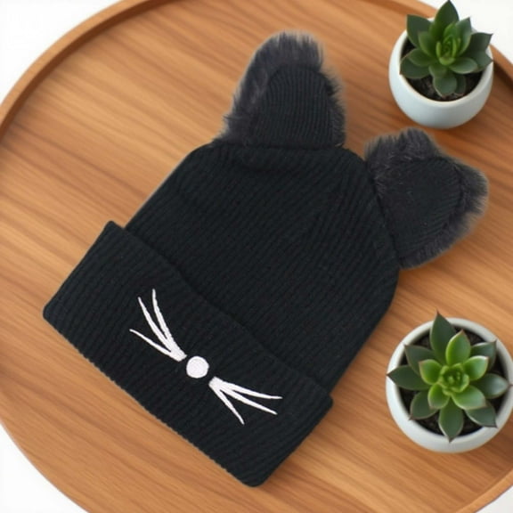 SYMOID Womens Black Cat Ear Beanie - 100% Polyester Warm Winter Hat, Fluffy Ears & Embroidered Cat Face, Cuffed Ribbed Knit, One Size Fits Most,Size Free Size